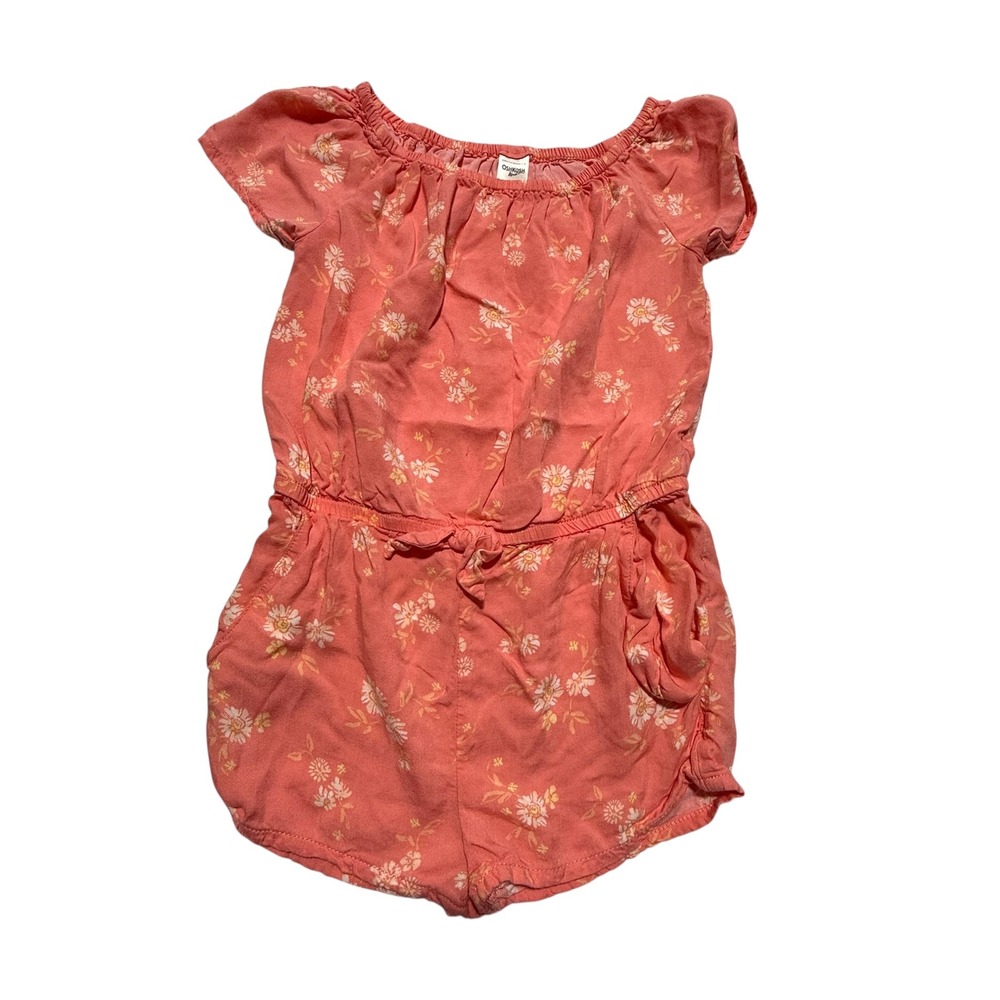 OshKosh Bgosh Girls 5T Coral Pink Daisy Floral Romper Viscose Short Sleeve